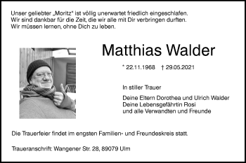 Traueranzeige von Matthias Walder von SÜDWEST PRESSE Ausgabe Ulm/Neu-Ulm