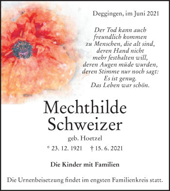 Traueranzeige von Mechthilde Schweizer von Geislinger Zeitung