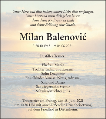 Traueranzeige von Milan Balenovic von Illertal Bote