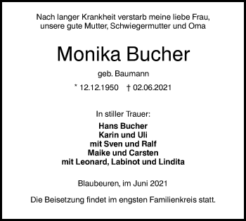 Traueranzeige von Monika Bucher von SÜDWEST PRESSE Ausgabe Ulm/Neu-Ulm