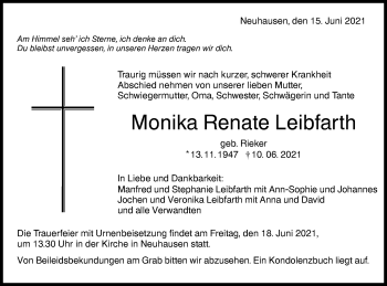 Traueranzeige von Monika Renate Leibfarth von Metzinger-Uracher Volksblatt