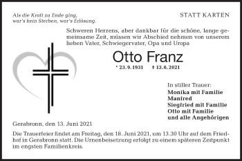 Traueranzeige von Otto Franz von Hohenloher Tagblatt