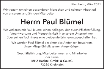 Traueranzeige von Paul Blümel von NWZ Neue Württembergische Zeitung