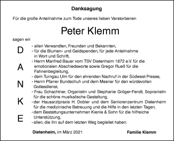 Traueranzeige von Peter Klemm von Illertal Bote