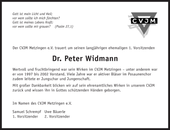 Traueranzeige von Peter Widmann von Metzinger-Uracher Volksblatt