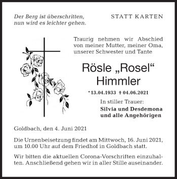 Traueranzeige von Rösle Himmler von Hohenloher Tagblatt