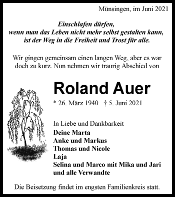 Traueranzeige von Roland Auer von Alb-Bote/Metzinger-Uracher Volksblatt