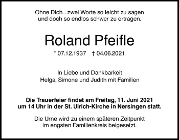 Traueranzeige von Roland Pfeifle von SÜDWEST PRESSE Ausgabe Ulm/Neu-Ulm