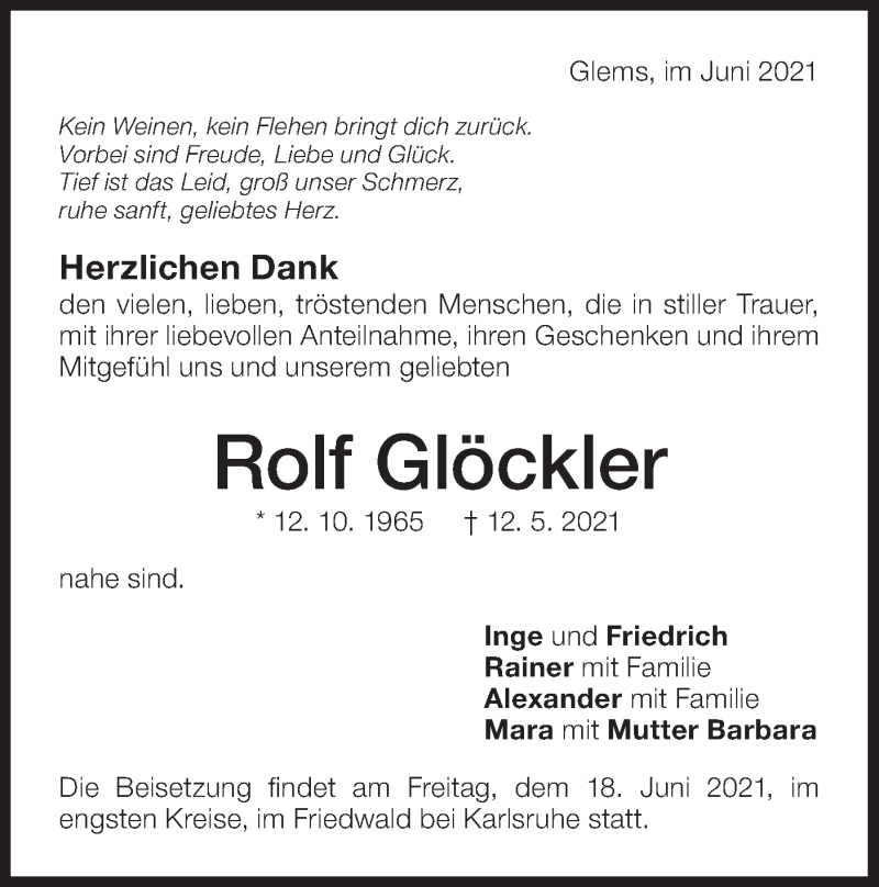  Traueranzeige für Rolf Glöckler vom 09.06.2021 aus Metzinger-Uracher Volksblatt