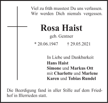 Traueranzeige von Rosa Haist von SÜDWEST PRESSE Ausgabe Ulm/Neu-Ulm