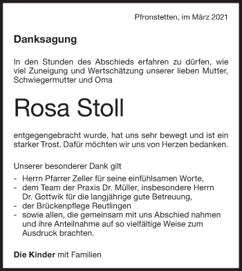 Traueranzeige von Rosa Stoll von Alb-Bote/Metzinger-Uracher Volksblatt