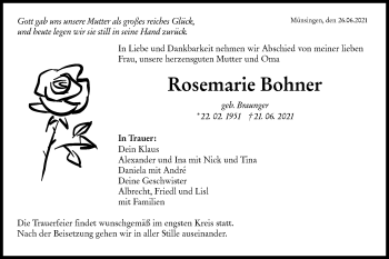 Traueranzeige von Rosemarie Bohner von Alb-Bote/Metzinger-Uracher Volksblatt