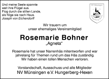 Traueranzeige von Rosemarie Bohner von Alb-Bote/Metzinger-Uracher Volksblatt