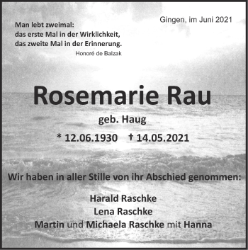 Traueranzeige von Rosemarie Rau von Geislinger Zeitung