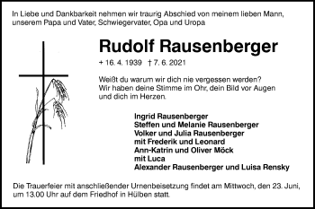 Traueranzeige von Rudolf Rausenberger von Alb-Bote/Metzinger-Uracher Volksblatt