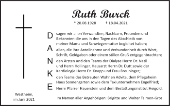 Traueranzeige von Ruth Burck von Haller Tagblatt