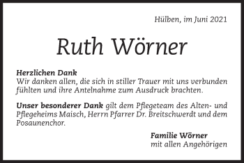 Traueranzeige von Ruth Wörner von Alb-Bote/Metzinger-Uracher Volksblatt