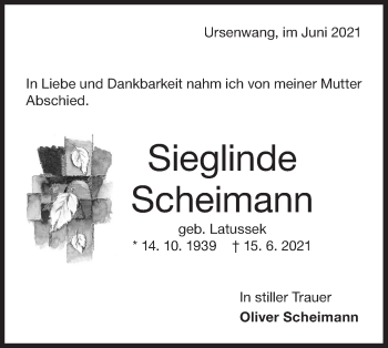 Traueranzeige von Sieglinde Scheimann von NWZ Neue Württembergische Zeitung