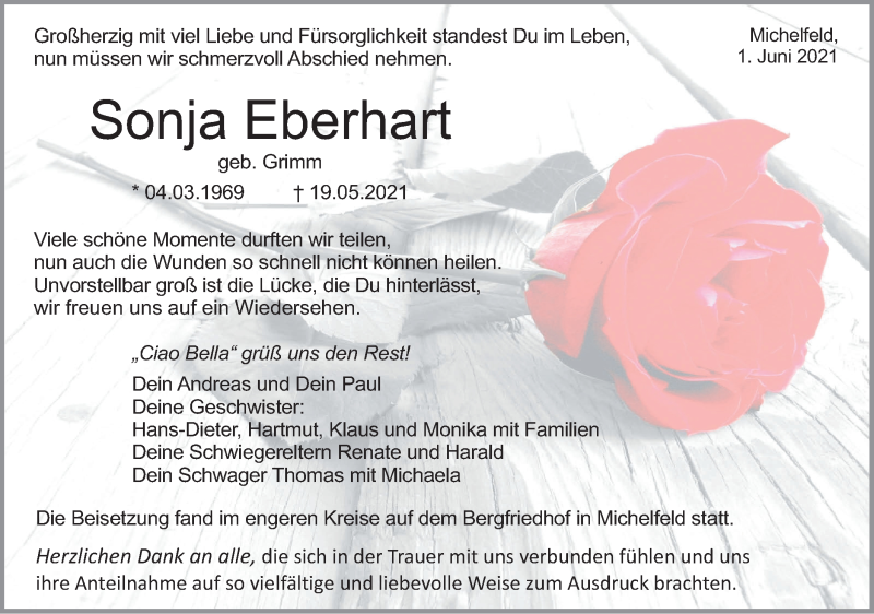  Traueranzeige für Sonja Eberhart vom 01.06.2021 aus Haller Tagblatt