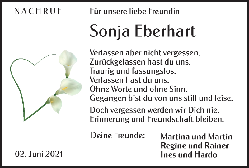  Traueranzeige für Sonja Eberhart vom 02.06.2021 aus Haller Tagblatt