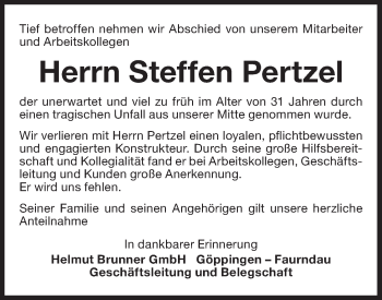 Traueranzeige von Steffen Pertzel von NWZ Neue Württembergische Zeitung/Geislinger Zeitung