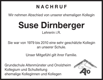 Traueranzeige von Suse Dirnberger von Hohenloher Tagblatt