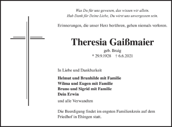 Traueranzeige von Theresia Gaißmaier von Ehinger Tagblatt