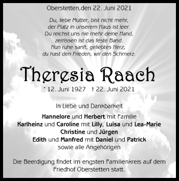 Traueranzeige von Theresia Raach von Alb-Bote/Metzinger-Uracher Volksblatt