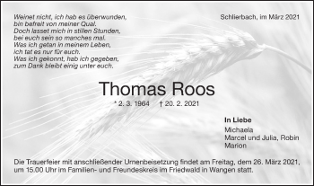 Traueranzeige von Thomas Roos von NWZ Neue Württembergische Zeitung