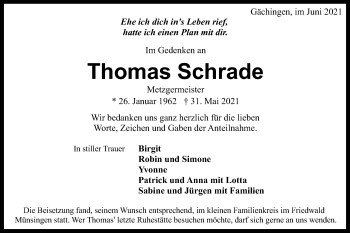 Traueranzeige von Thomas Schrade von Alb-Bote/Metzinger-Uracher Volksblatt