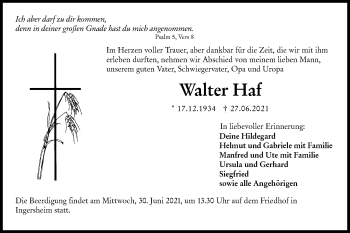 Traueranzeige von Walter Haf von Hohenloher Tagblatt