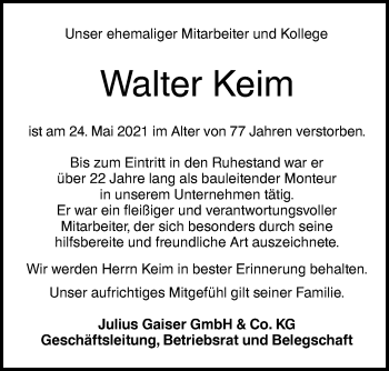 Traueranzeige von Walter Keim von SÜDWEST PRESSE Ausgabe Ulm/Neu-Ulm