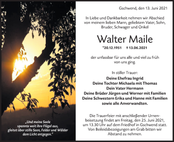 Traueranzeige von Walter Maile von Rundschau Gaildorf