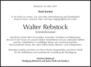 Traueranzeige von Walter Rebstock von Alb-Bote/Metzinger-Uracher Volksblatt