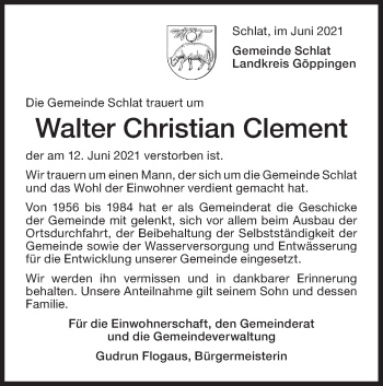 Traueranzeige von Walter Christian Clement von NWZ Neue Württembergische Zeitung