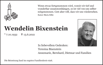 Traueranzeige von Wendelin Bixenstein von Metzinger-Uracher Volksblatt