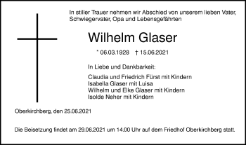 Traueranzeige von Wilhelm Glaser von SÜDWEST PRESSE Ausgabe Ulm/Neu-Ulm