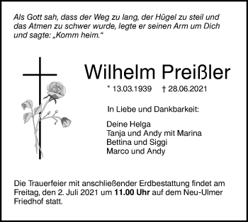 Traueranzeige von Wilhelm Preißler von SÜDWEST PRESSE Ausgabe Ulm/Neu-Ulm