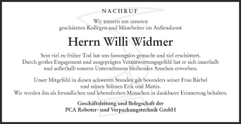 Traueranzeige von Willi Widmer von Hohenloher Tagblatt