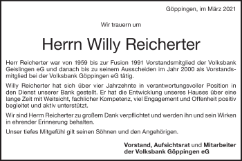 Traueranzeige von Willy Reicherter von Geislinger Zeitung