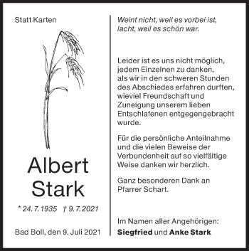 Traueranzeige von Albert Stark von NWZ Neue Württembergische Zeitung