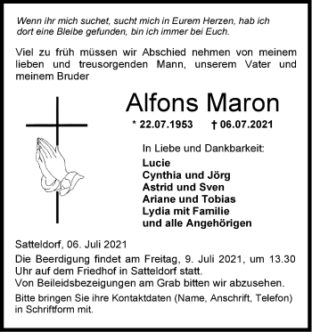 Traueranzeige von Alfons Maron von Hohenloher Tagblatt