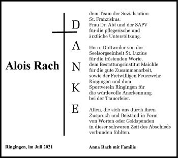 Traueranzeige von Alois Rach von Metzinger-Uracher Volksblatt