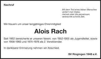 Traueranzeige von Alois Rach von Metzinger-Uracher Volksblatt