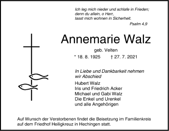 Traueranzeige von Annemarie Walz von Metzinger-Uracher Volksblatt