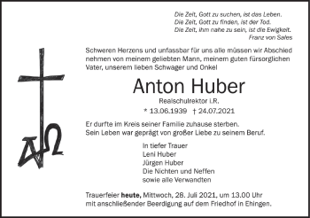 Traueranzeige von Anton Huber von Ehinger Tagblatt