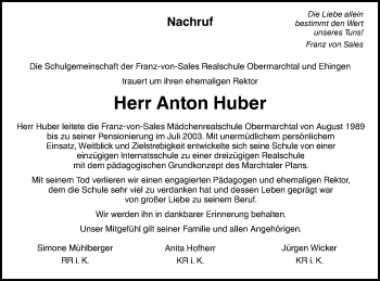 Traueranzeige von Anton Huber von Ehinger Tagblatt