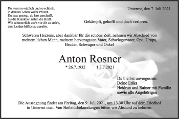 Traueranzeige von Anton Rosner von Rundschau Gaildorf