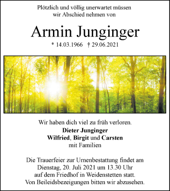 Traueranzeige von Armin Junginger von Geislinger Zeitung