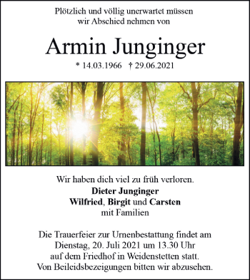 Traueranzeige von Armin Junginger von SÜDWEST PRESSE Ausgabe Ulm/Neu-Ulm